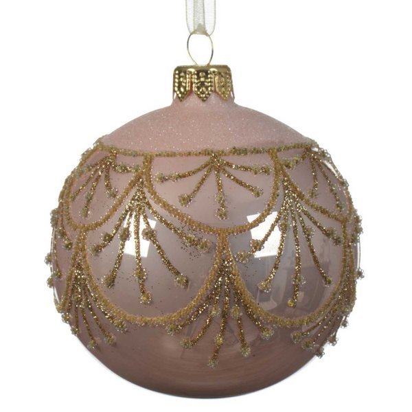 Χριστουγεννιάτικη Γυάλινη Μπάλα Ροζ, με Χρυσά Σχέδια (8cm)